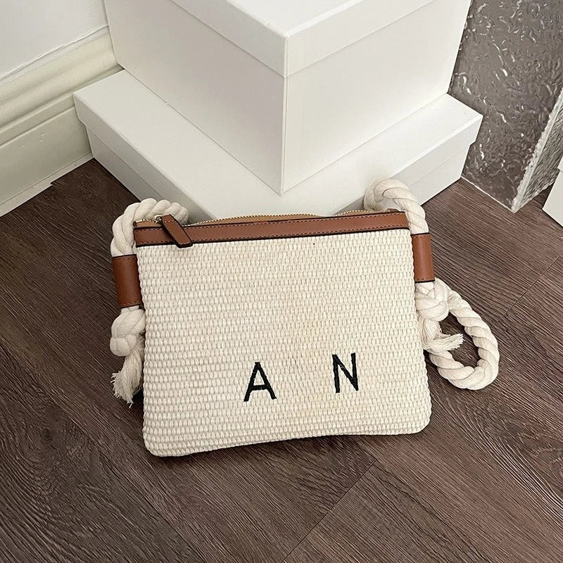 Minimalist Straw Crossbody Bag With Thick Rope Strap Embroidery
