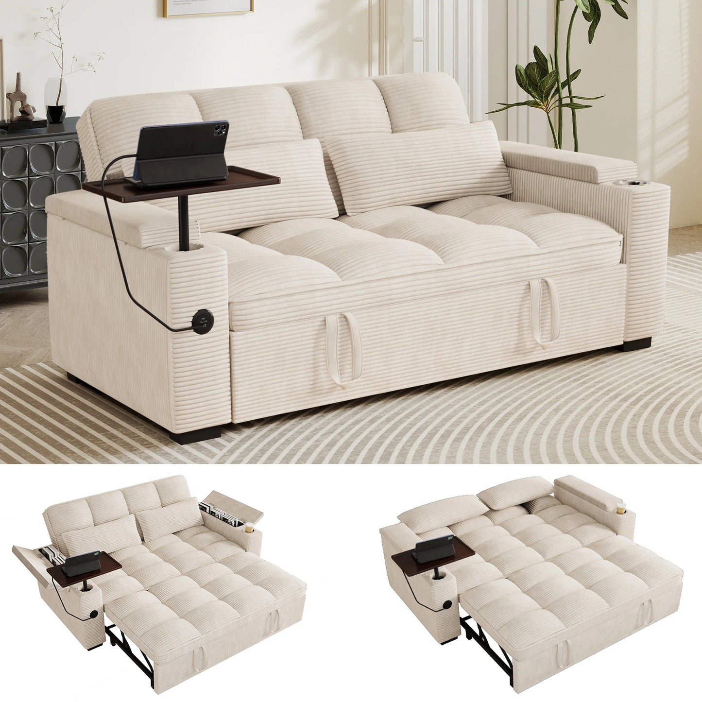65 Inch Folding Convertible Sofa Bed With 360 Swivel Table