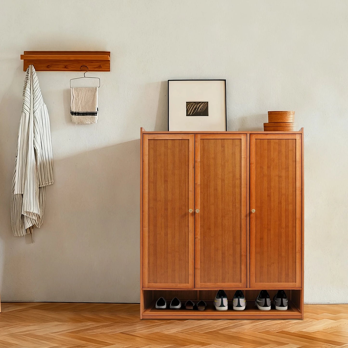 Natural Bamboo Shoe Cabinet With 3 Folding Doors 30 Pairs