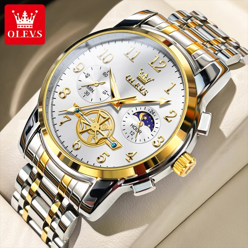 OLEVS Moon Phase Skeleton Chronograph Watch for Men Stainless Steel