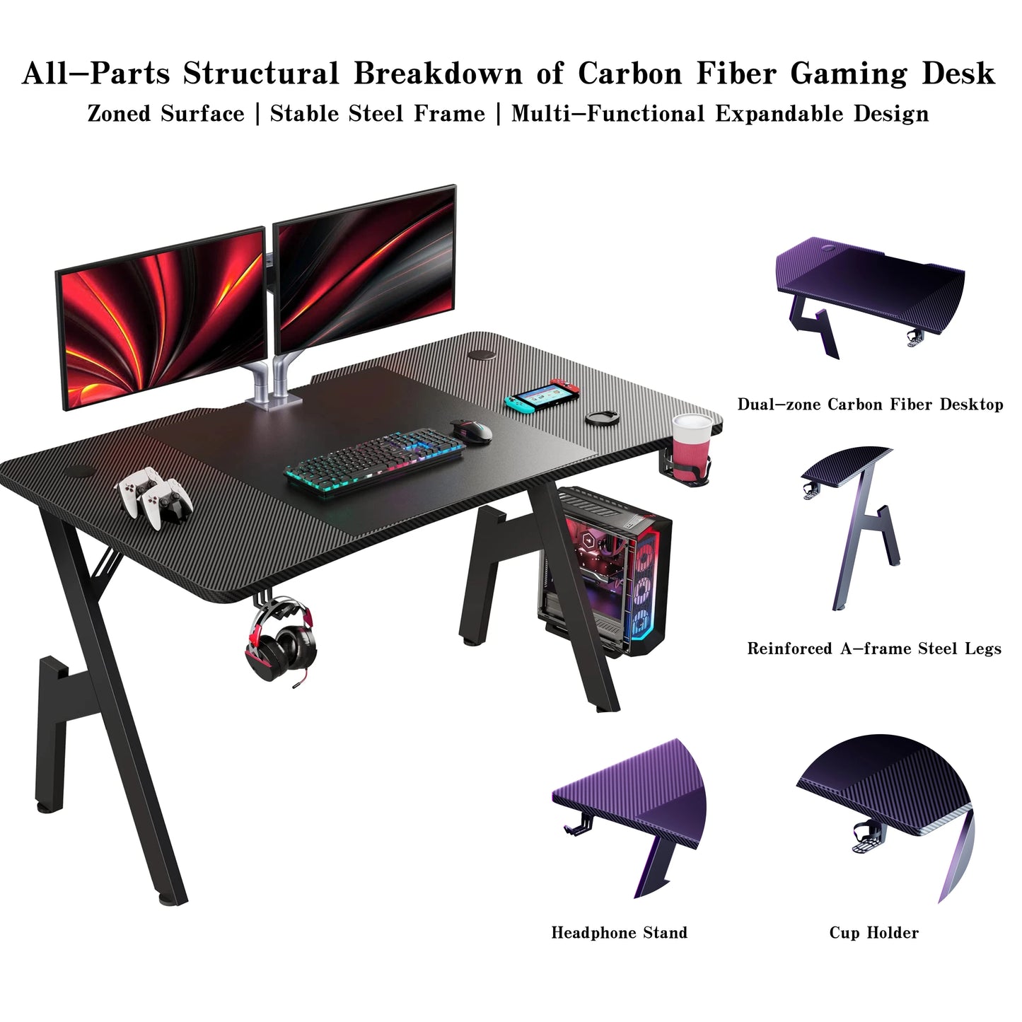 NEBMAAX A-Shaped Carbon Fiber Gaming Desk Ergonomic Workstation