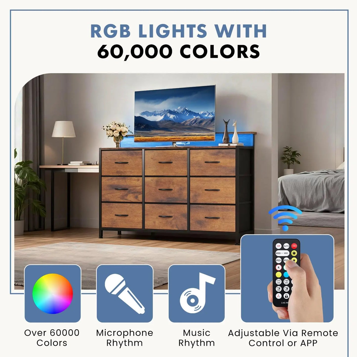 JHK TV Stand Dresser With Nine Fabric Drawers Wood Top