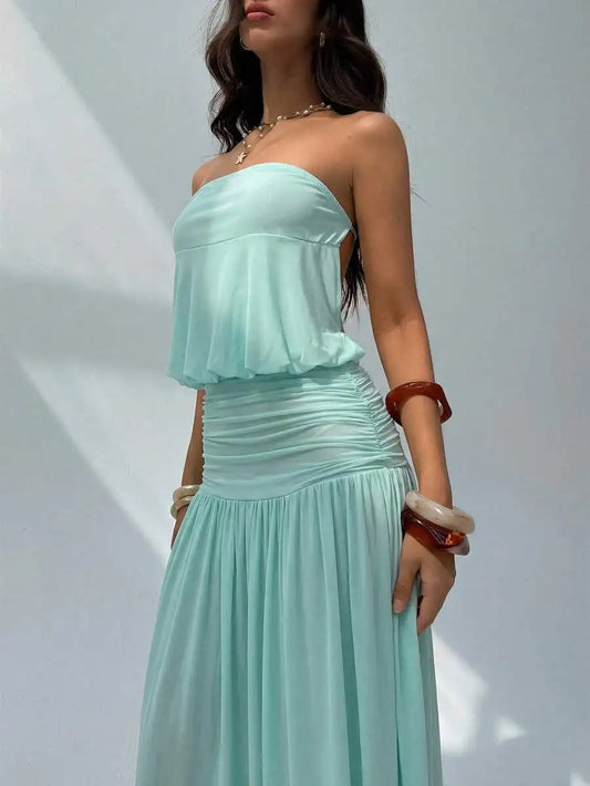 Chiffon Strapless Maxi Dress With Ruched Waist And Flowing Skirt