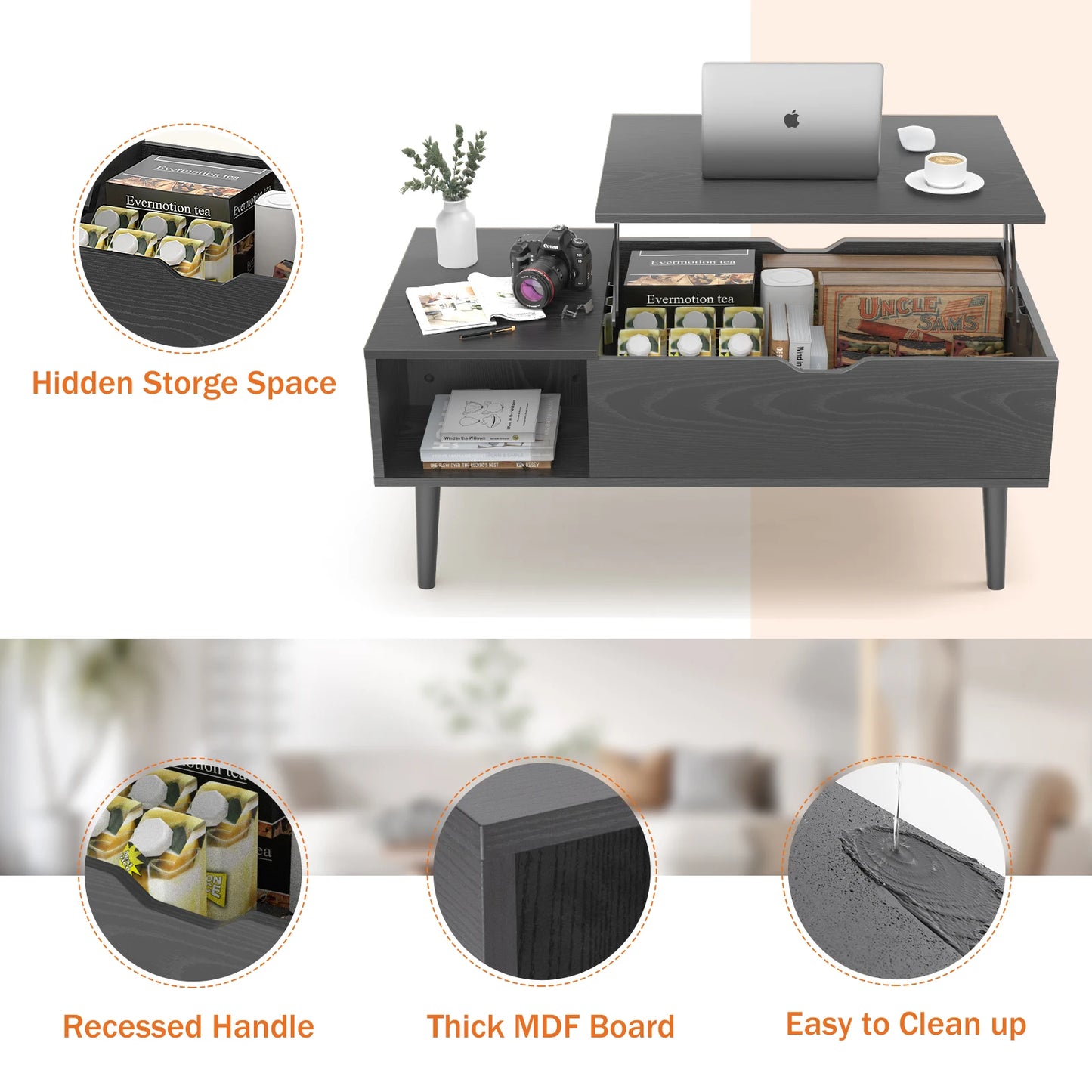 JHK Lift Top Coffee Table With Adjustable Storage Shelf For Living Room