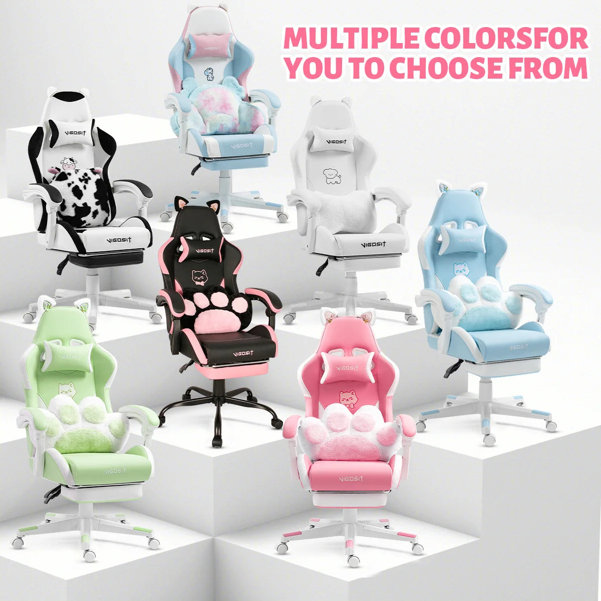 VIGOSIT Ergonomic Computer Chair With Footrest Headrest Cat Ears Massage Lumbar