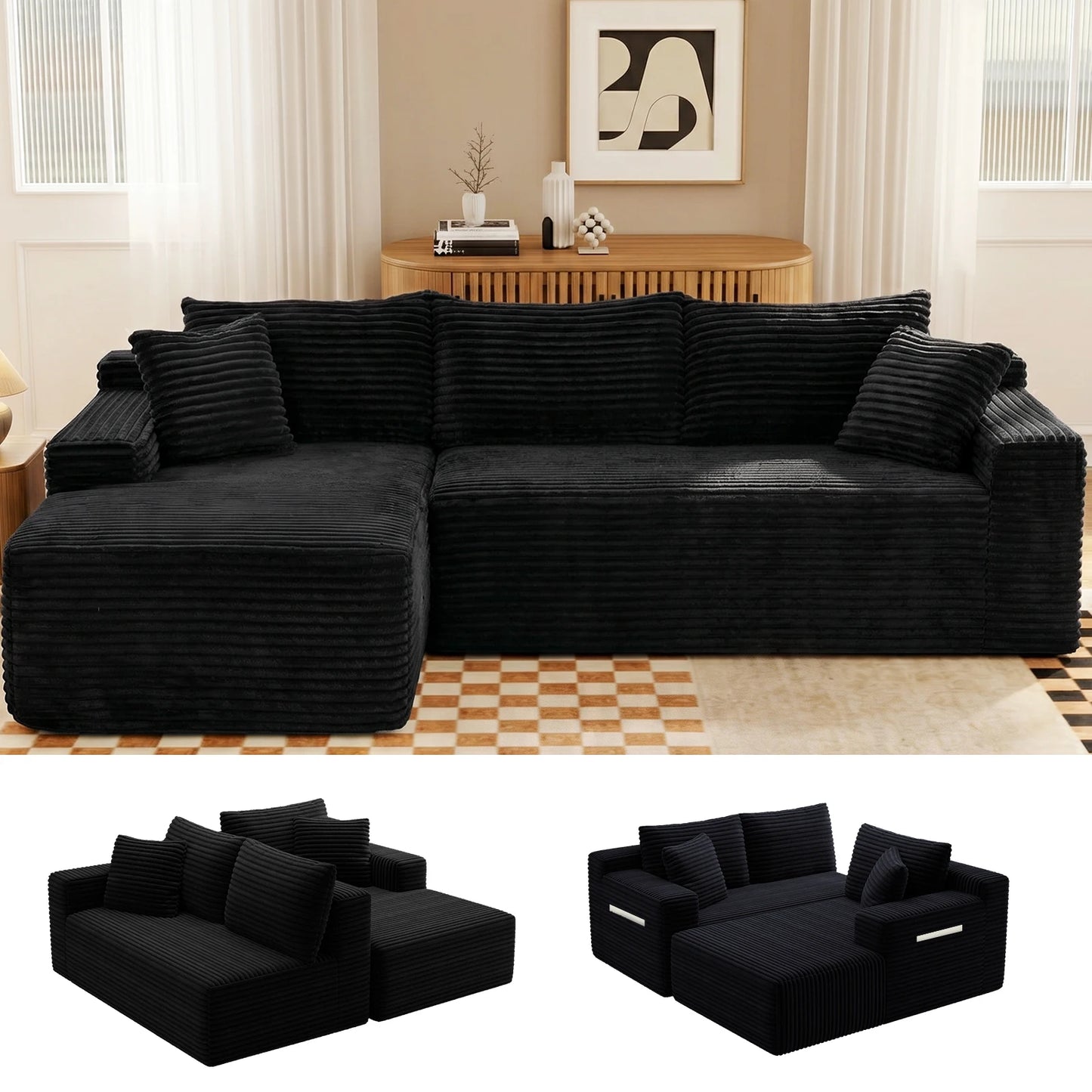 Corduroy Modular Sectional Sofa L Shape Chaise For Living Room