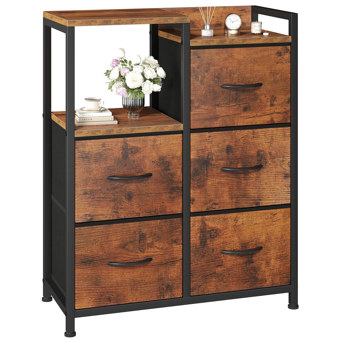 JHK 5 Fabric Drawer Chest With Raised Shelf Metal Frame TV Stand