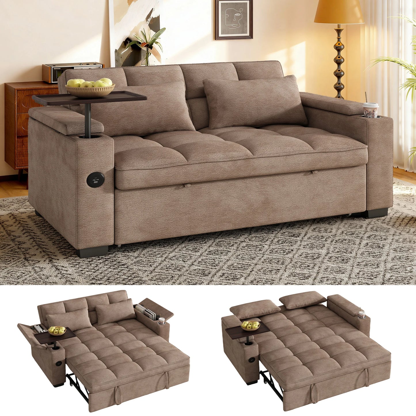 65 Inch Folding Convertible Sofa Bed With 360 Swivel Table