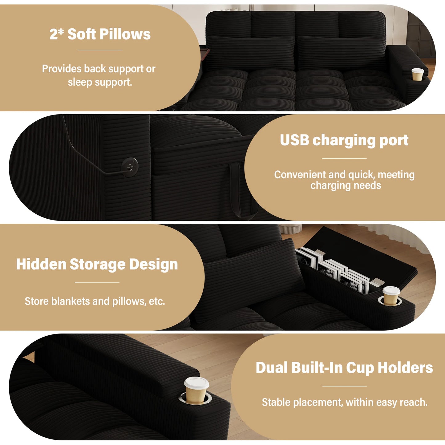 65 Inch Folding Convertible Sofa Bed With 360 Swivel Table
