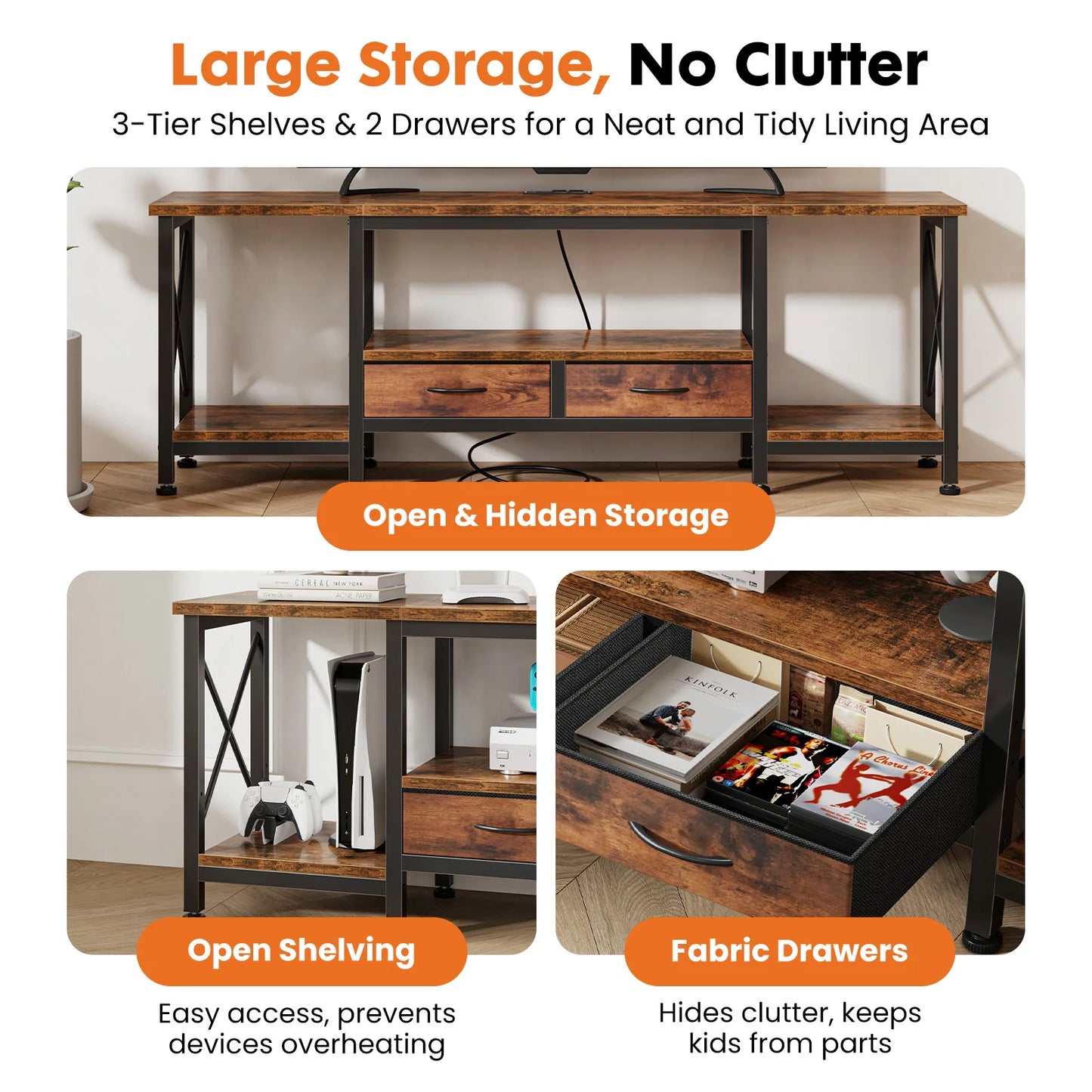 JHK Wooden TV Stand With Charging Station And Drawers Media Console