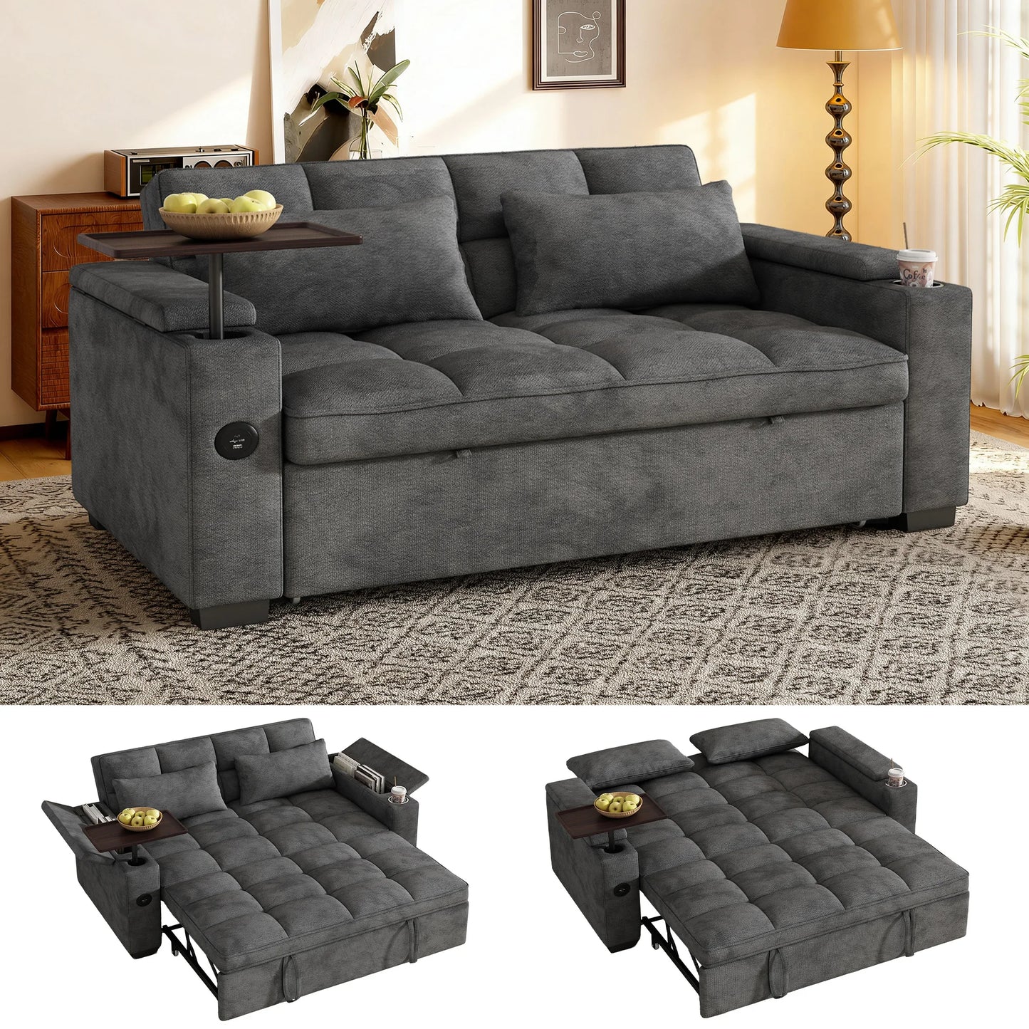 65 Inch Folding Convertible Sofa Bed With 360 Swivel Table