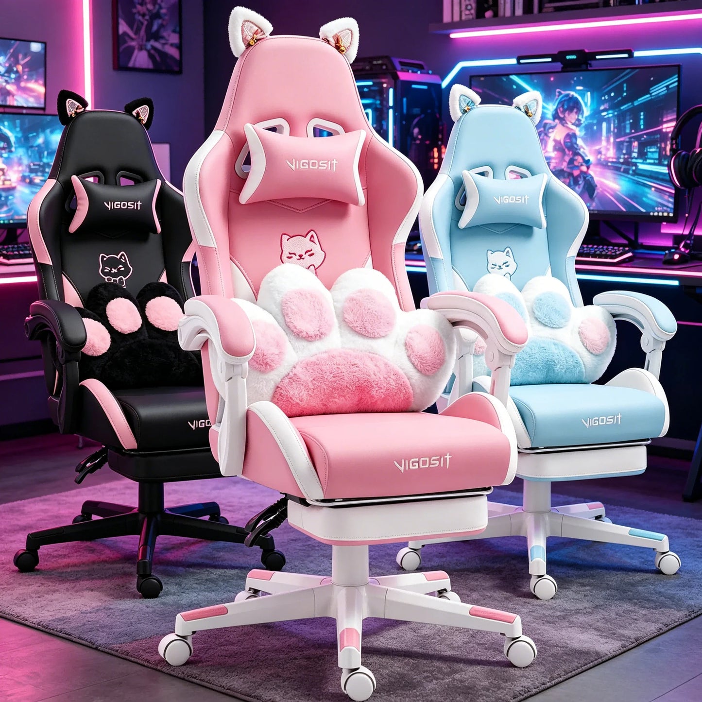 VIGOSIT Ergonomic Computer Chair With Footrest Headrest Cat Ears Massage Lumbar