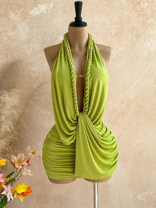 Womens Backless Halter Mini Dress Polyester For Beach Vacation
