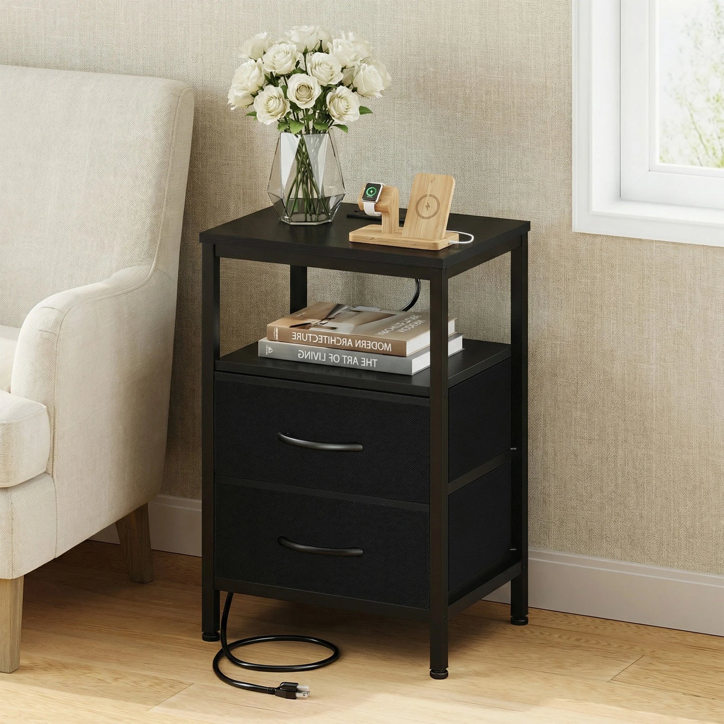 JHK Fabric Drawers Nightstand With USB Charging Station And Shelf