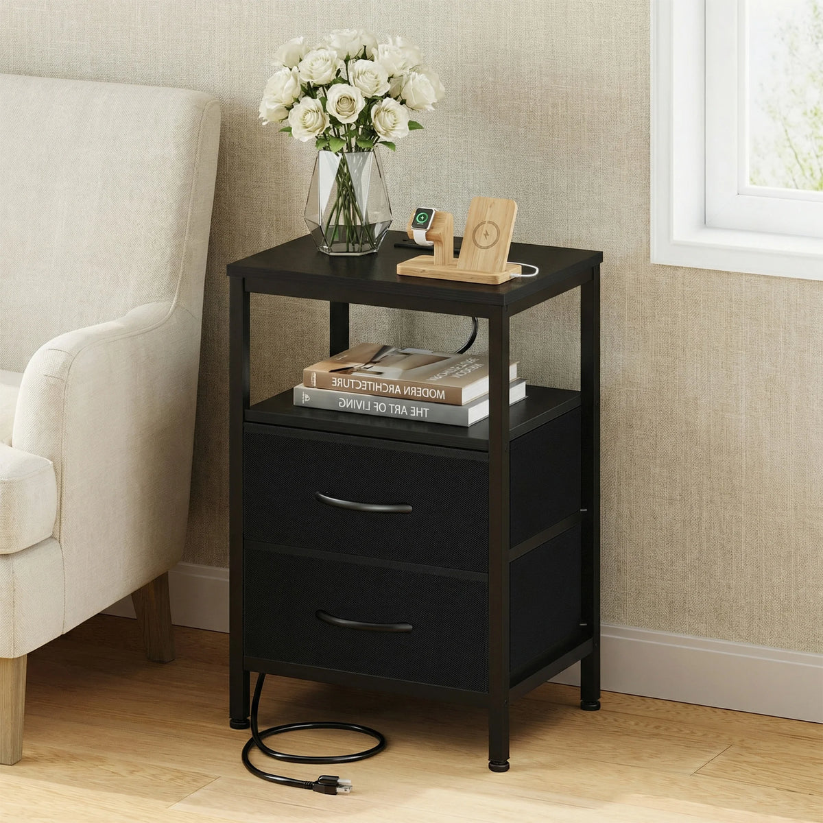 Jhk Modern Night Stand With Fabric Drawers And Usb Port