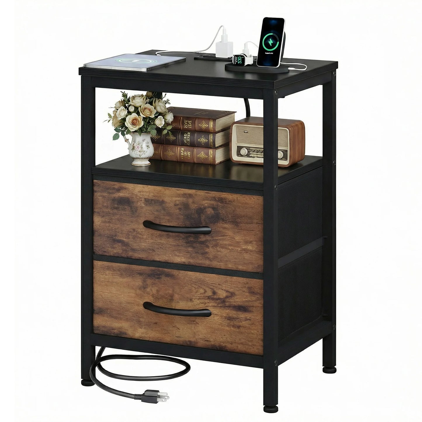 JHK Fabric Drawers Nightstand With USB Charging Station And Shelf