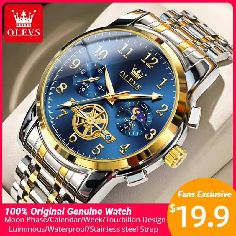 OLEVS Moon Phase Skeleton Chronograph Quartz Mens Stainless Steel Watch