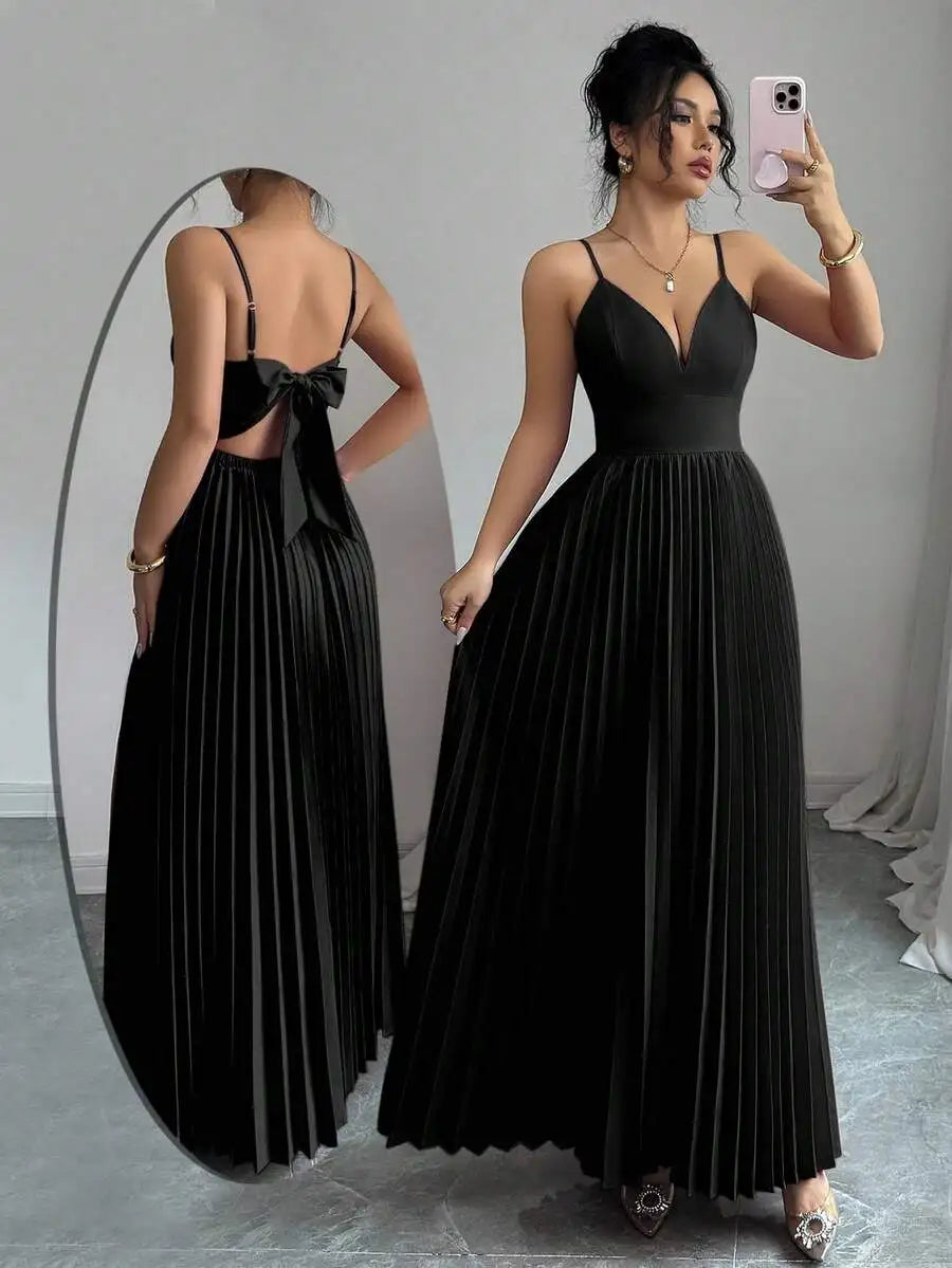 Pleated Floor Length Prom Dress With V Neck Spaghetti Straps Crepe