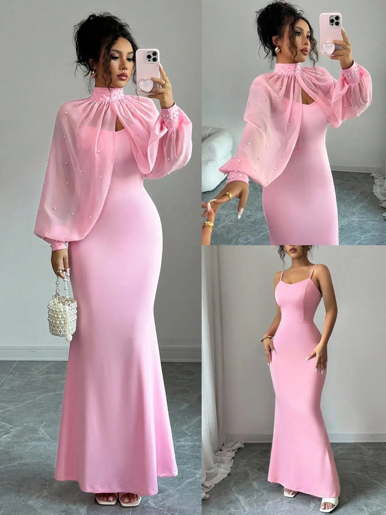 Beaded Cape Sleeve Evening Dress Set With Pearl Overlay