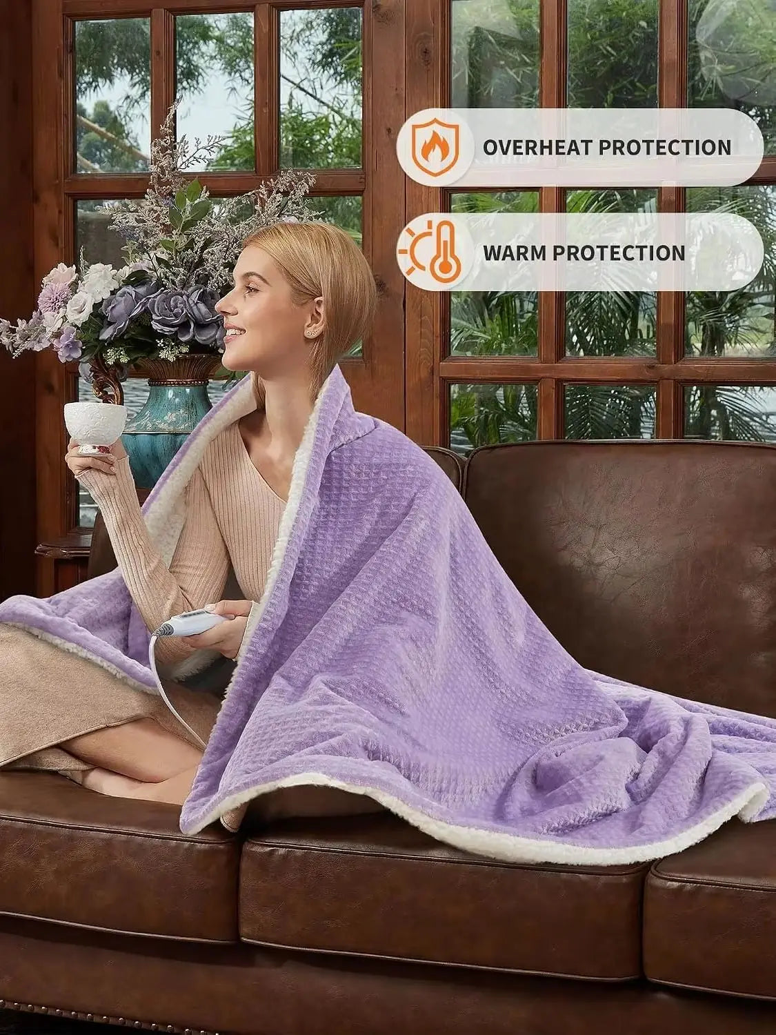 Heated Electric Blanket With Sherpa Lining And Auto Off Safety Protection
