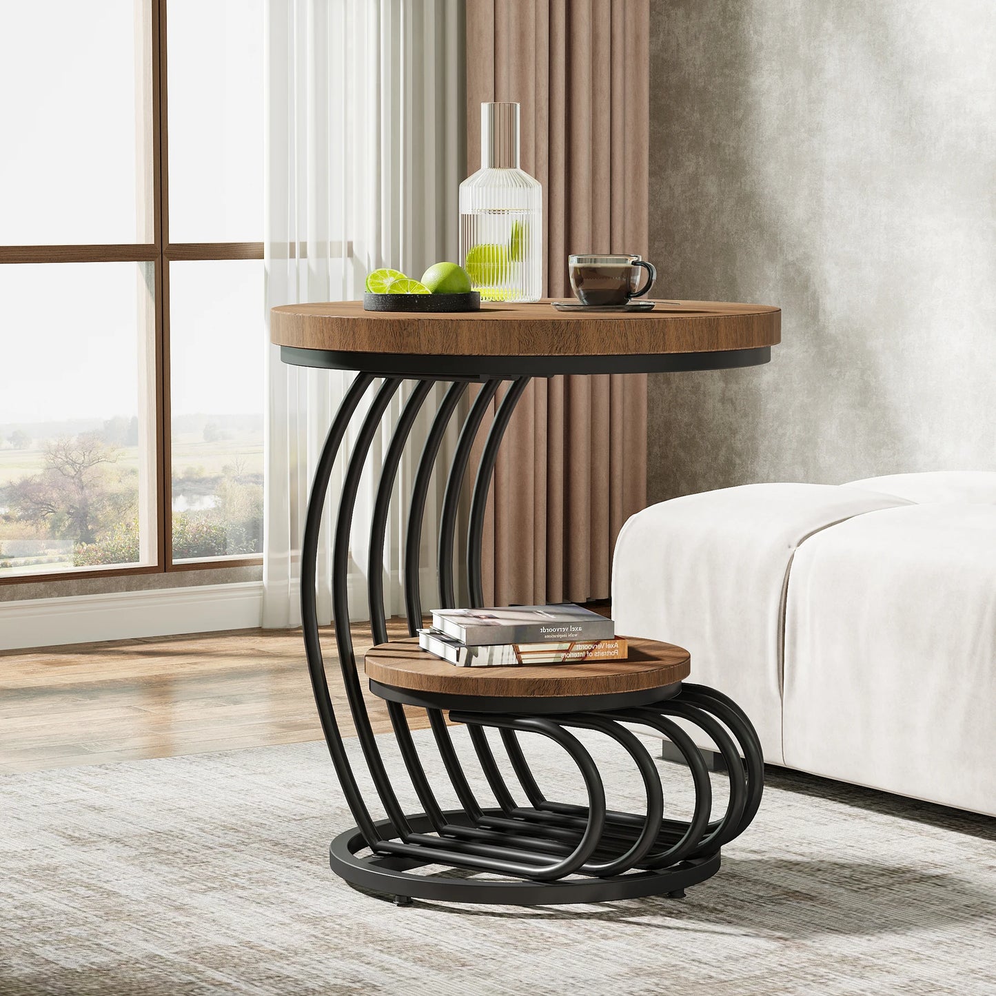 Tribesigns Round End Table Two Tier Faux Marble Shelf Nightstand