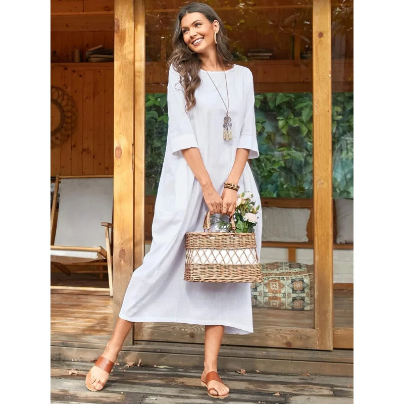 Cotton Caftan Maxi Dress Loose Fit For Autumn Casual