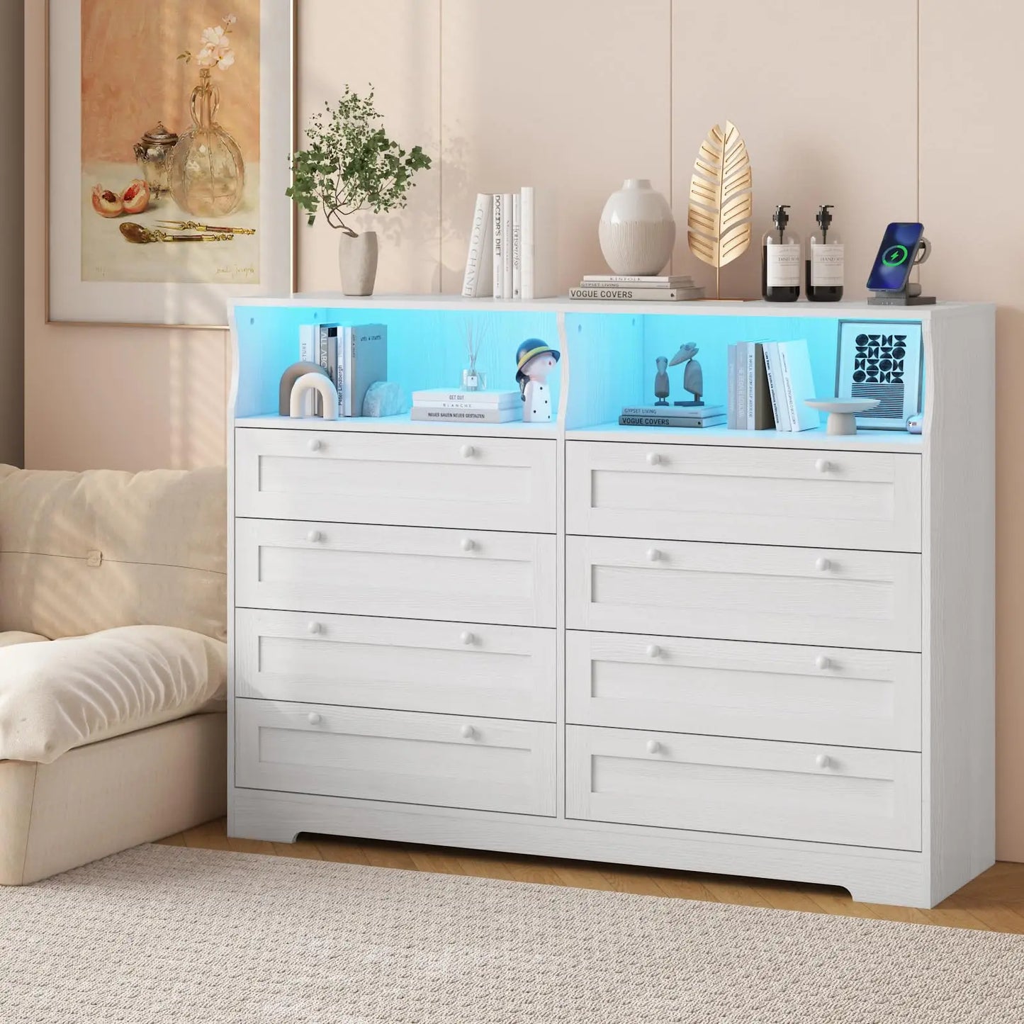 HiMISS 8 Drawer Dresser With LED Lights Charging Station TV Stand Open Shelves
