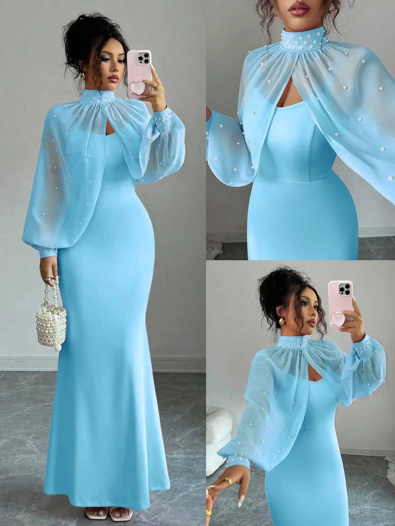 Beaded Cape Sleeve Evening Dress Set With Pearl Overlay