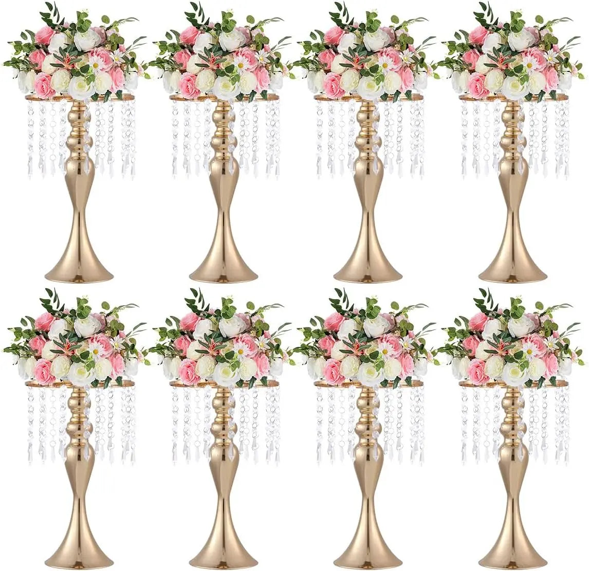 VINCIGANT 8 Pcs Gold Metal Flower Stands With Crystal Beads