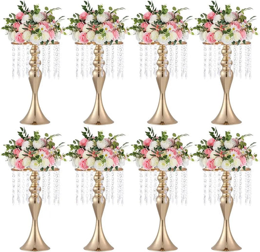 VINCIGANT 8 Pcs Gold Metal Flower Stands With Crystal Beads