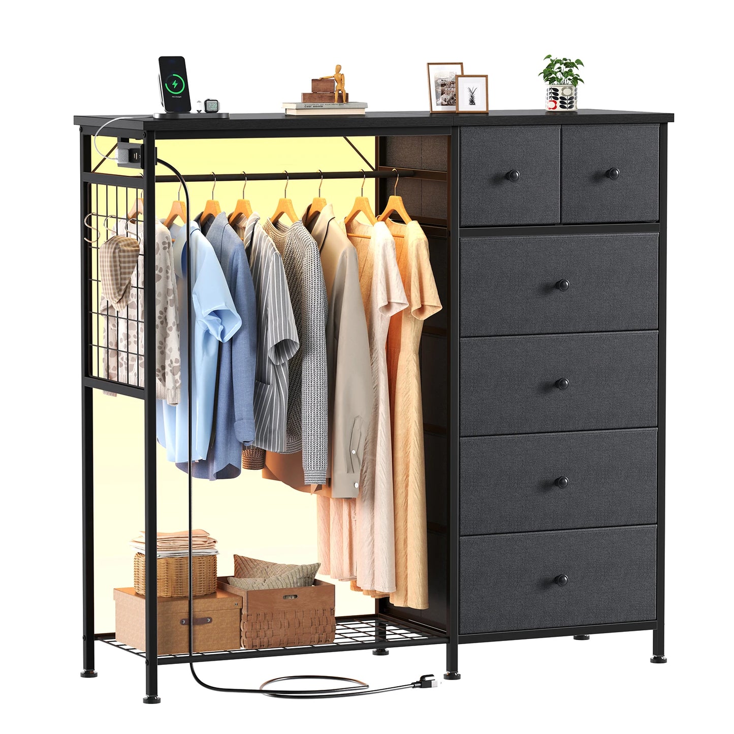 JHK Six Drawer Fabric Dresser With Hanging Rack And LED Lights