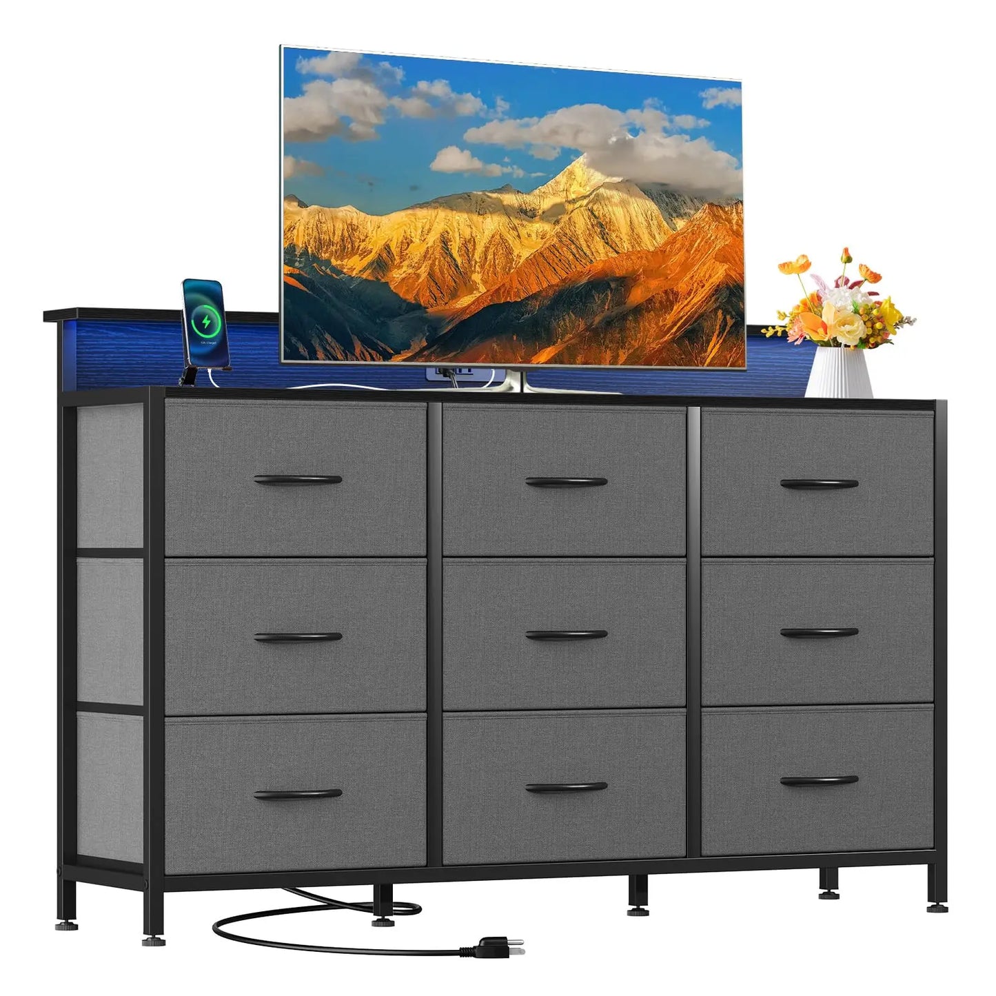 JHK TV Stand Dresser With Nine Fabric Drawers Wood Top
