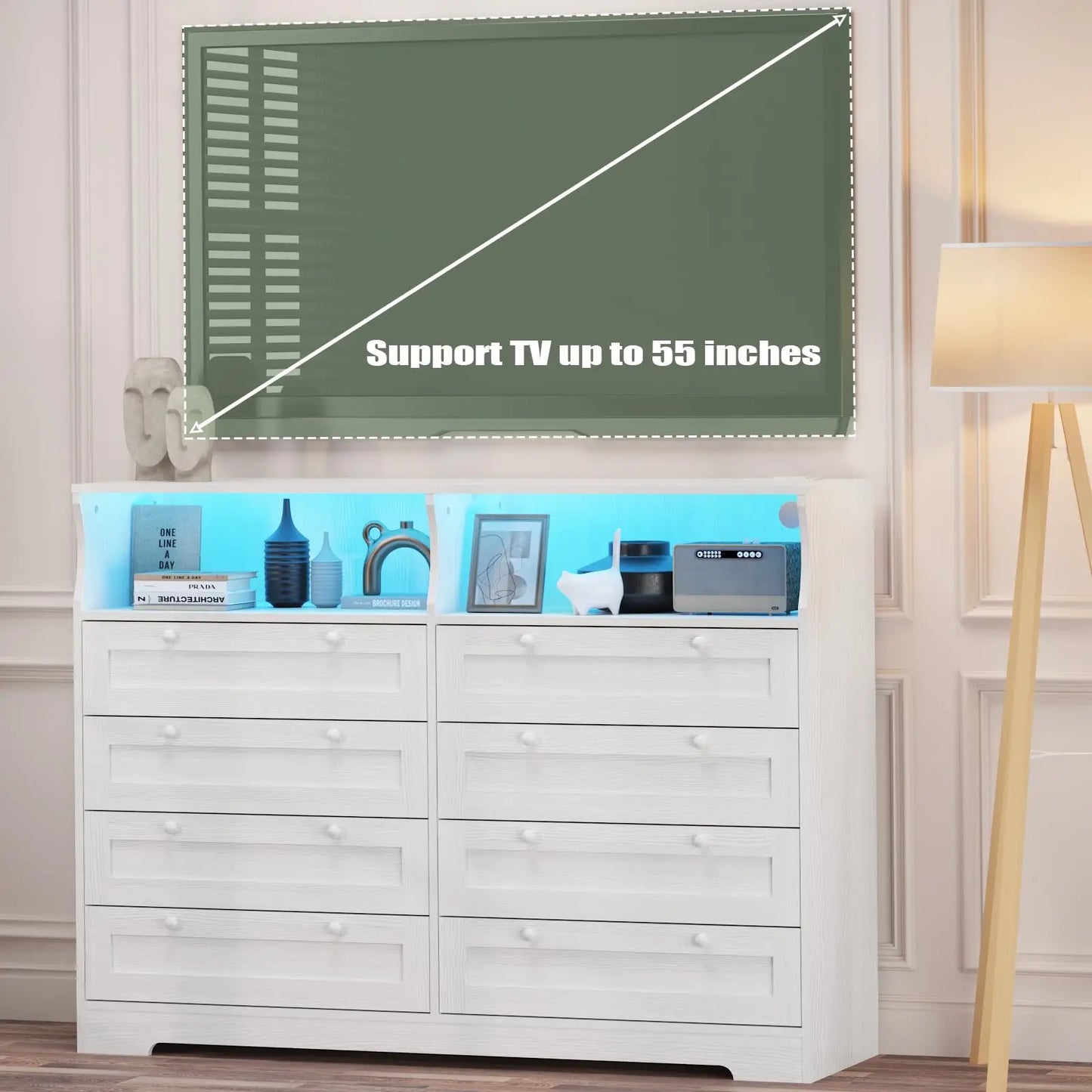HiMISS 8 Drawer Dresser With LED Lights Charging Station TV Stand Open Shelves
