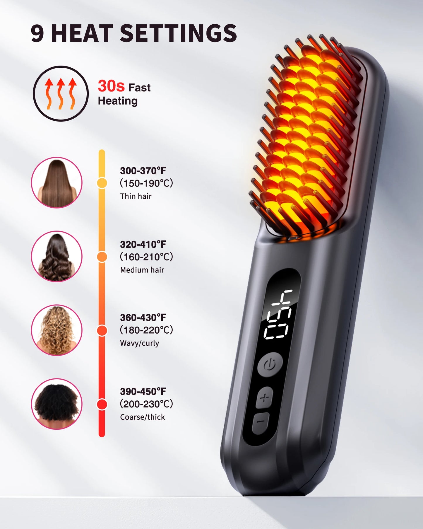 BOPCAL Cordless Hair Straightener Brush Negative Ions LED Display