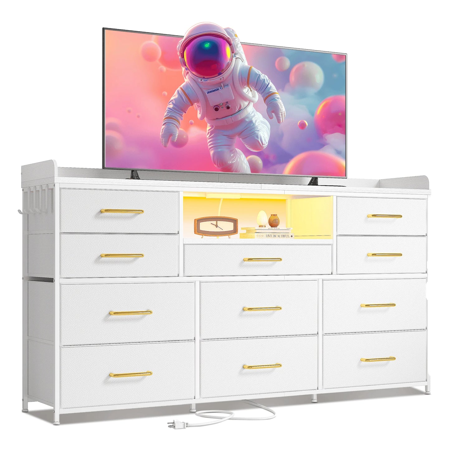 TV Stand With 11 Drawers LED Lighting Shelves And Power Outlets