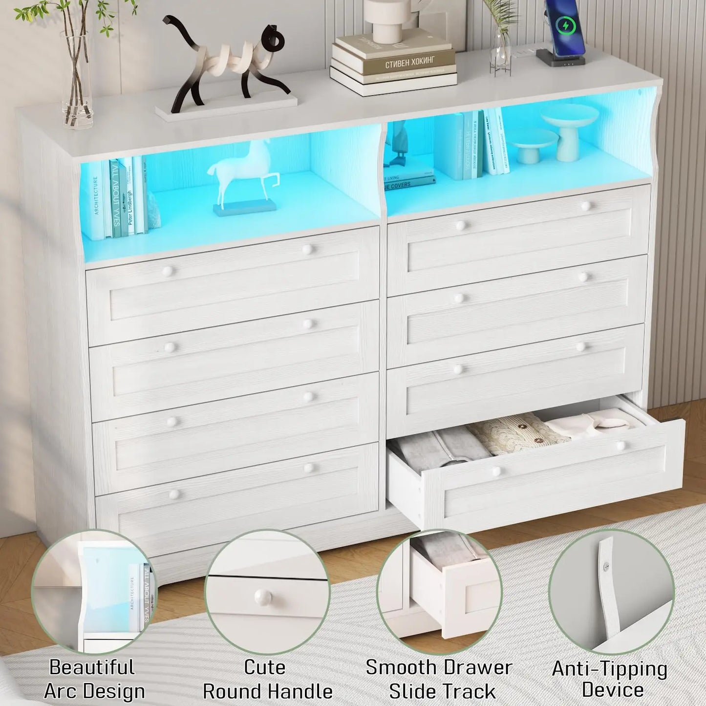 HiMISS 8 Drawer Dresser With LED Lights Charging Station TV Stand Open Shelves