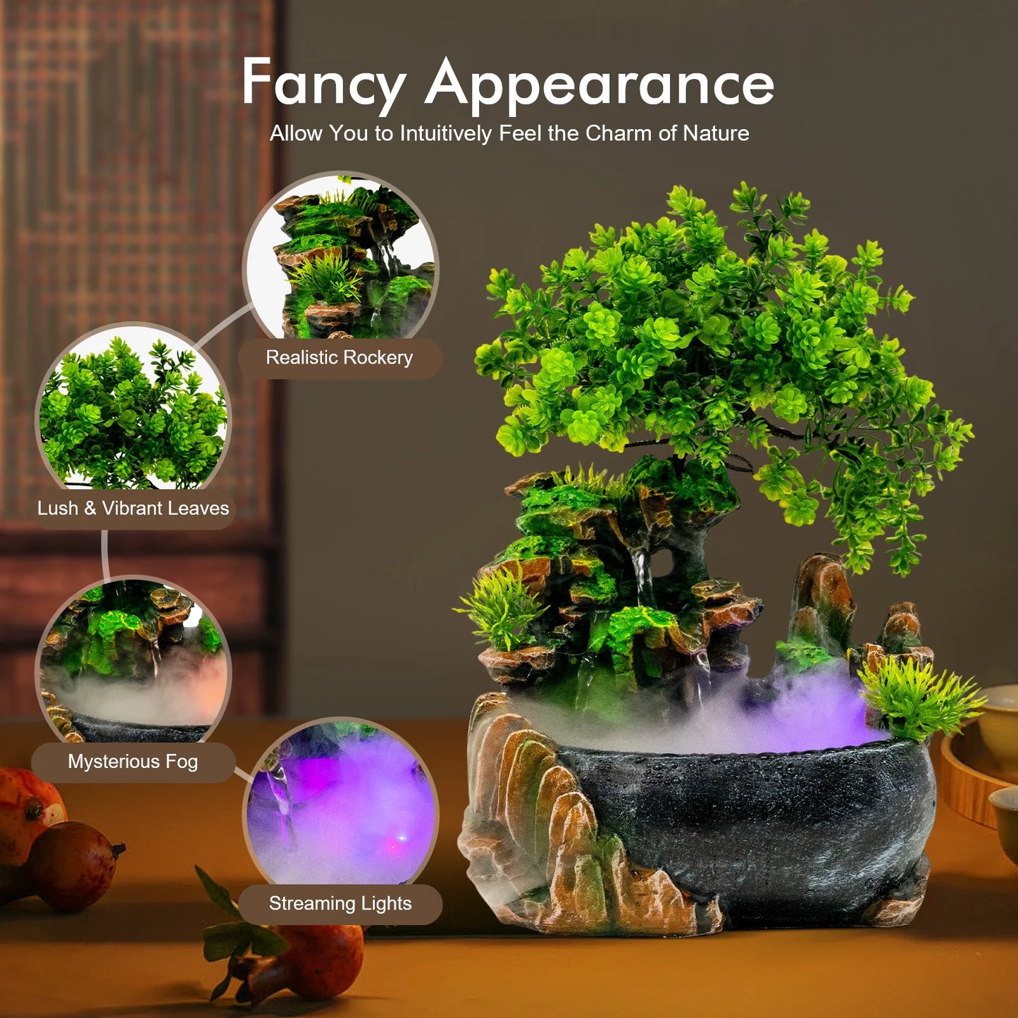 Tabletop Rockery Fountain With LED Light And Pump For Desk