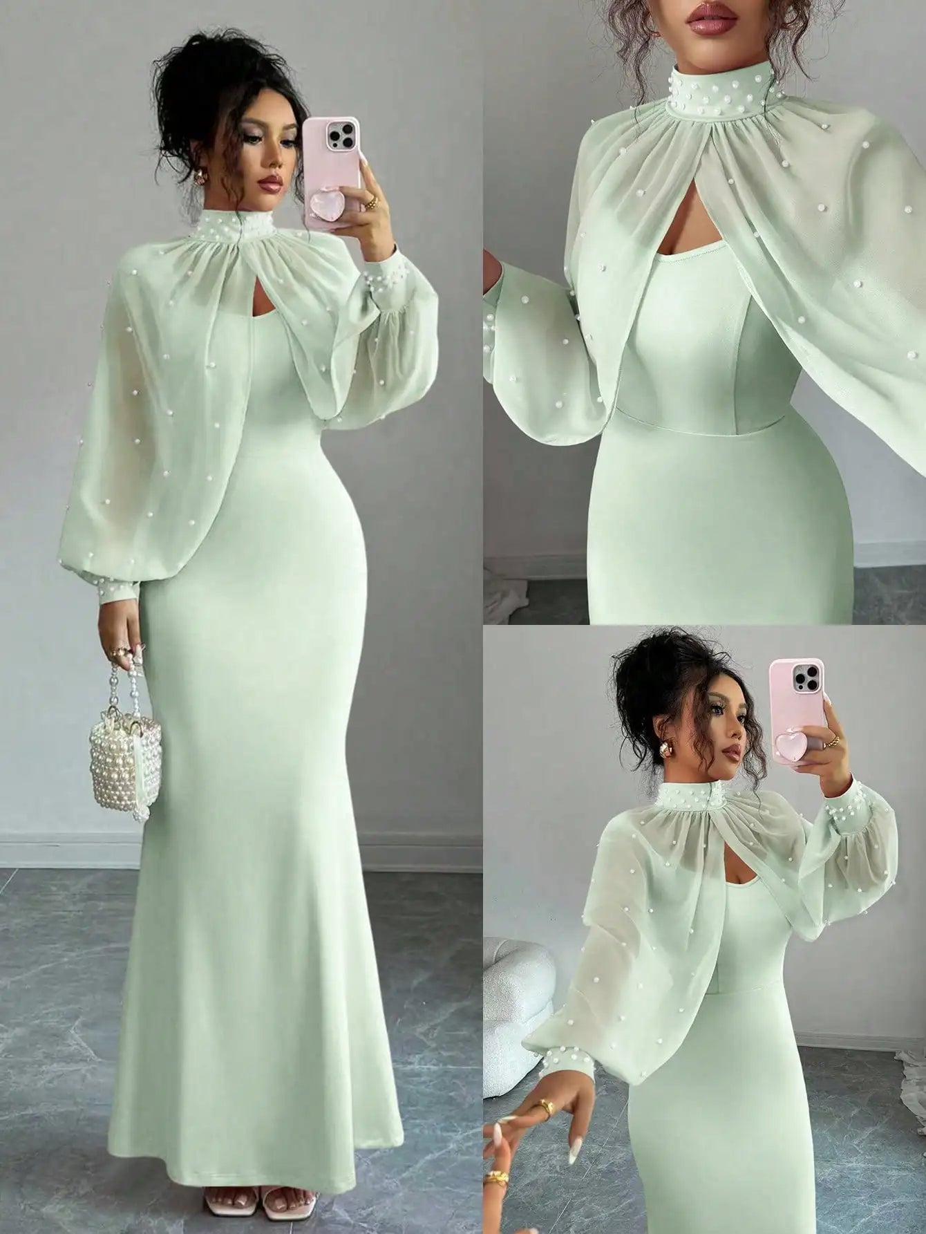 Beaded Cape Sleeve Evening Dress Set With Pearl Overlay