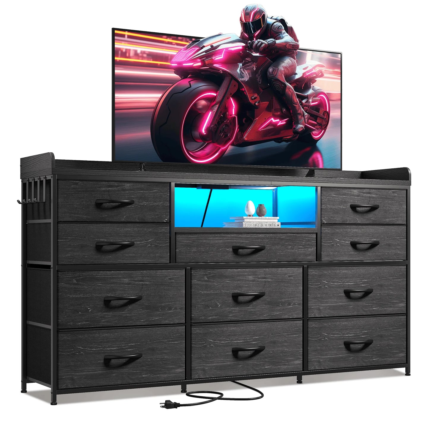 TV Stand With 11 Drawers LED Lighting Shelves And Power Outlets
