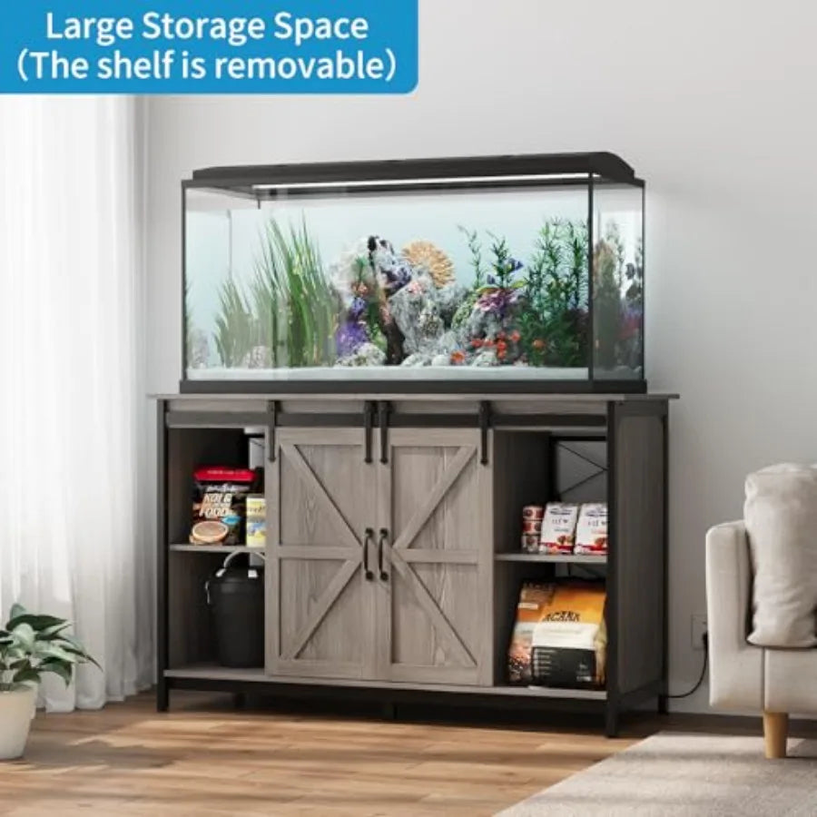Farmhouse Aquarium Stand With Storage Cabinet And Power Outlet