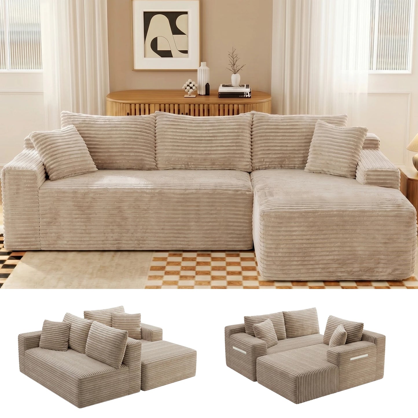 Corduroy Modular Sectional Sofa L Shape Chaise For Living Room