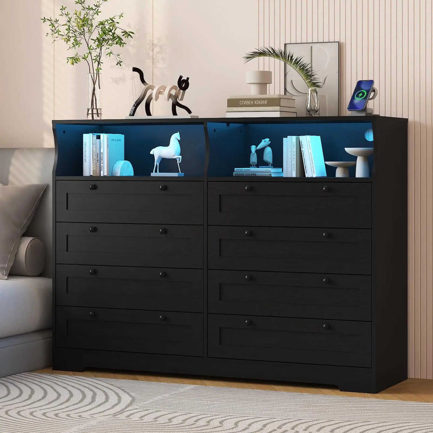 HiMISS 8 Drawer Dresser With LED Lights Charging Station TV Stand Open Shelves