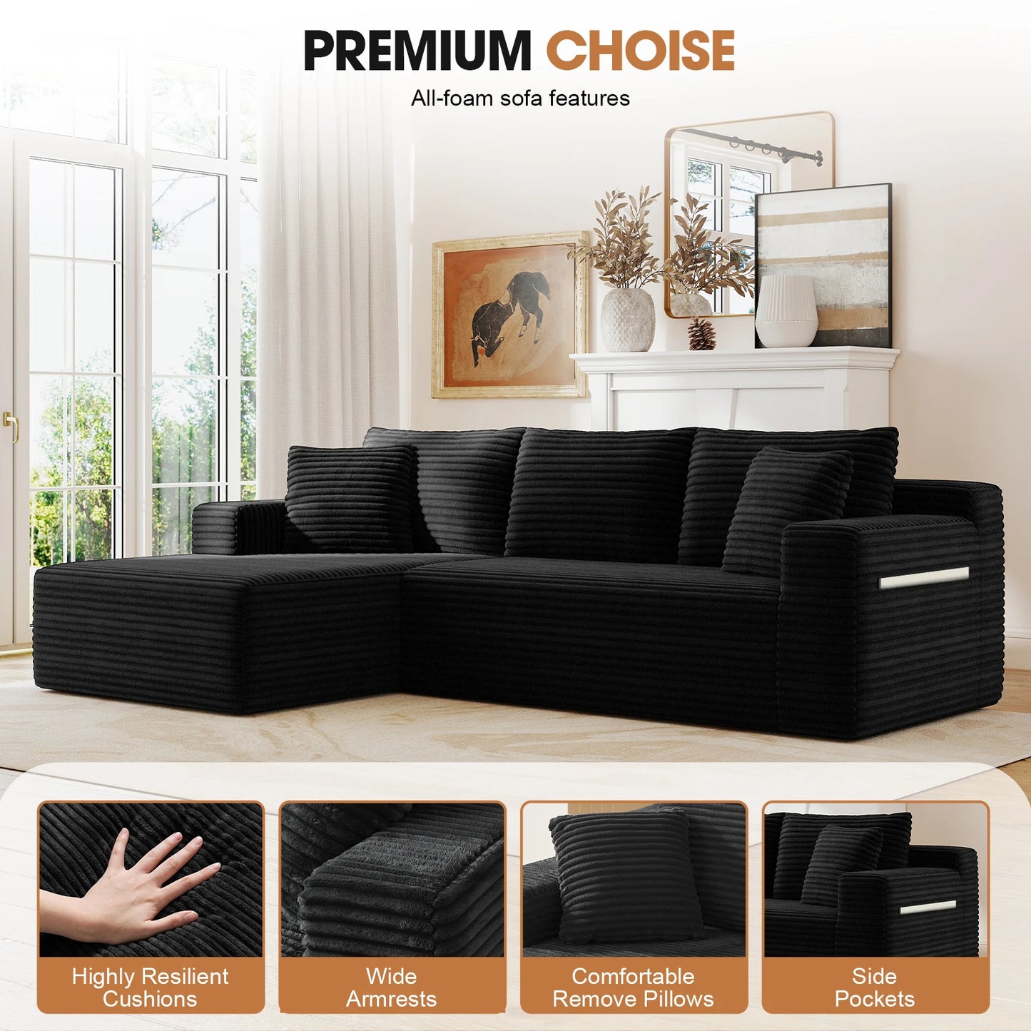 Corduroy Modular Sectional Sofa L Shape Chaise For Living Room