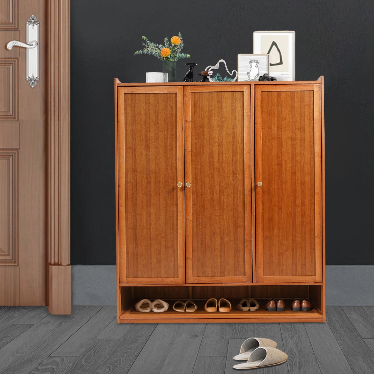 Natural Bamboo Shoe Cabinet With 3 Folding Doors 30 Pairs