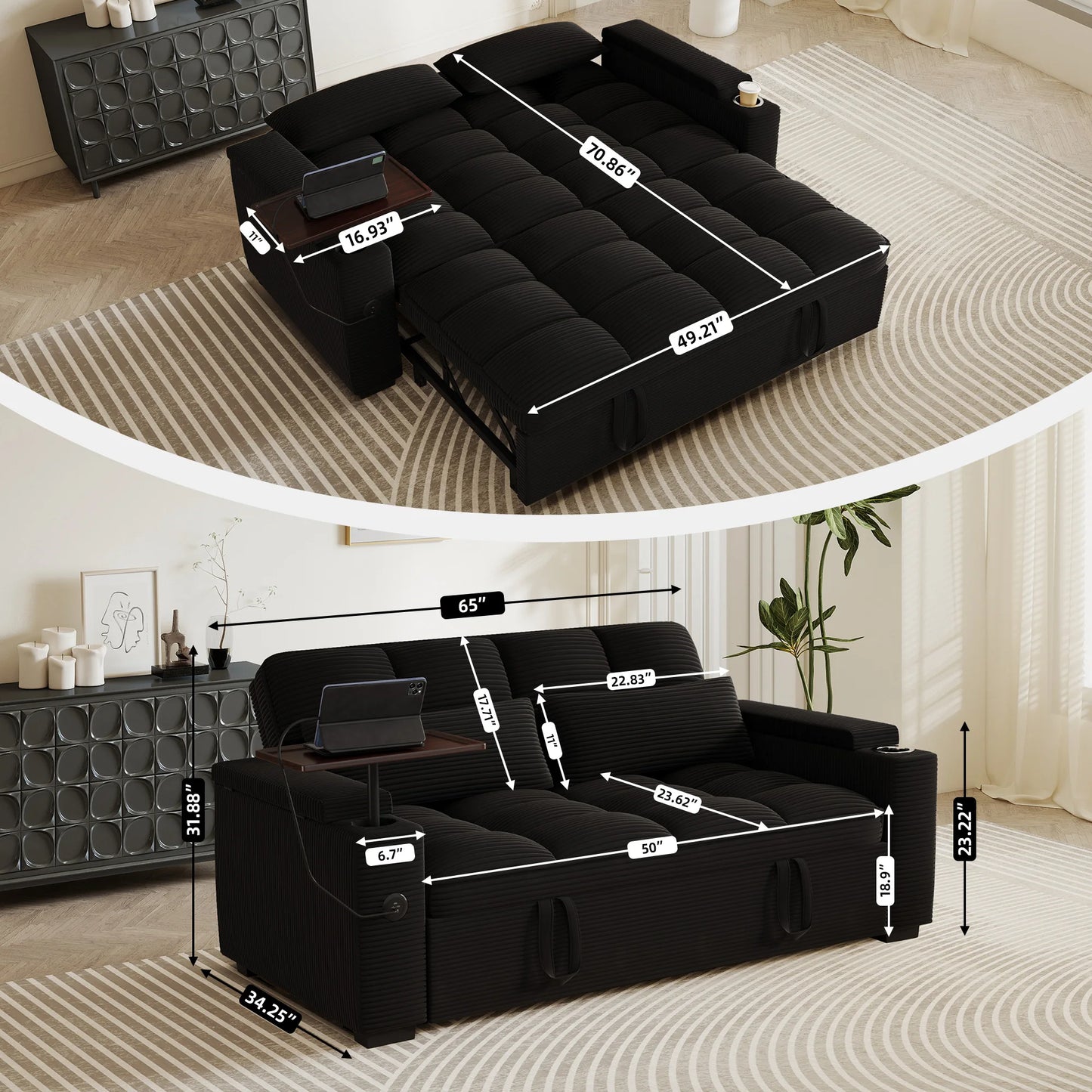 65 Inch Folding Convertible Sofa Bed With 360 Swivel Table