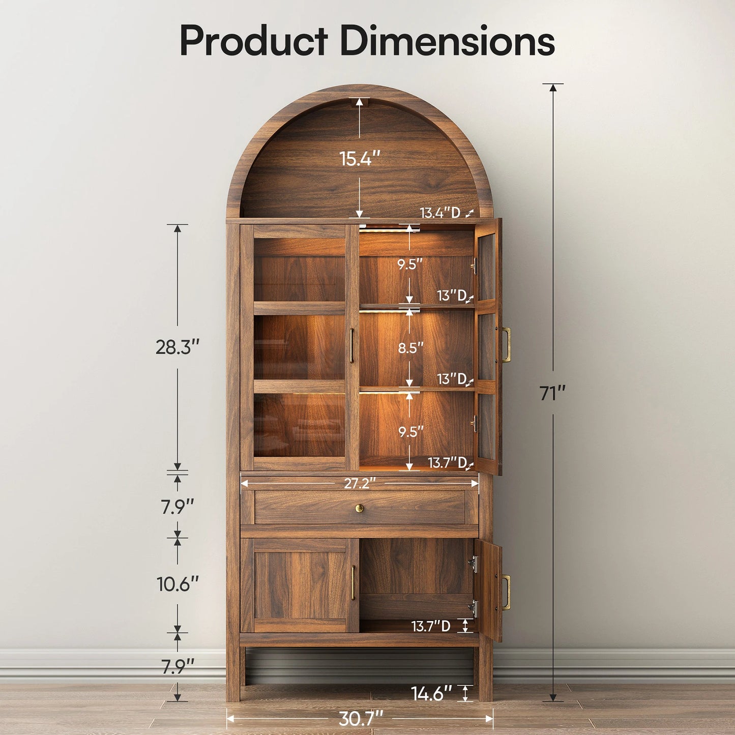 Cottinch Arched Wood Storage Cabinet With Dimmable LEDs And Adjustable Shelves