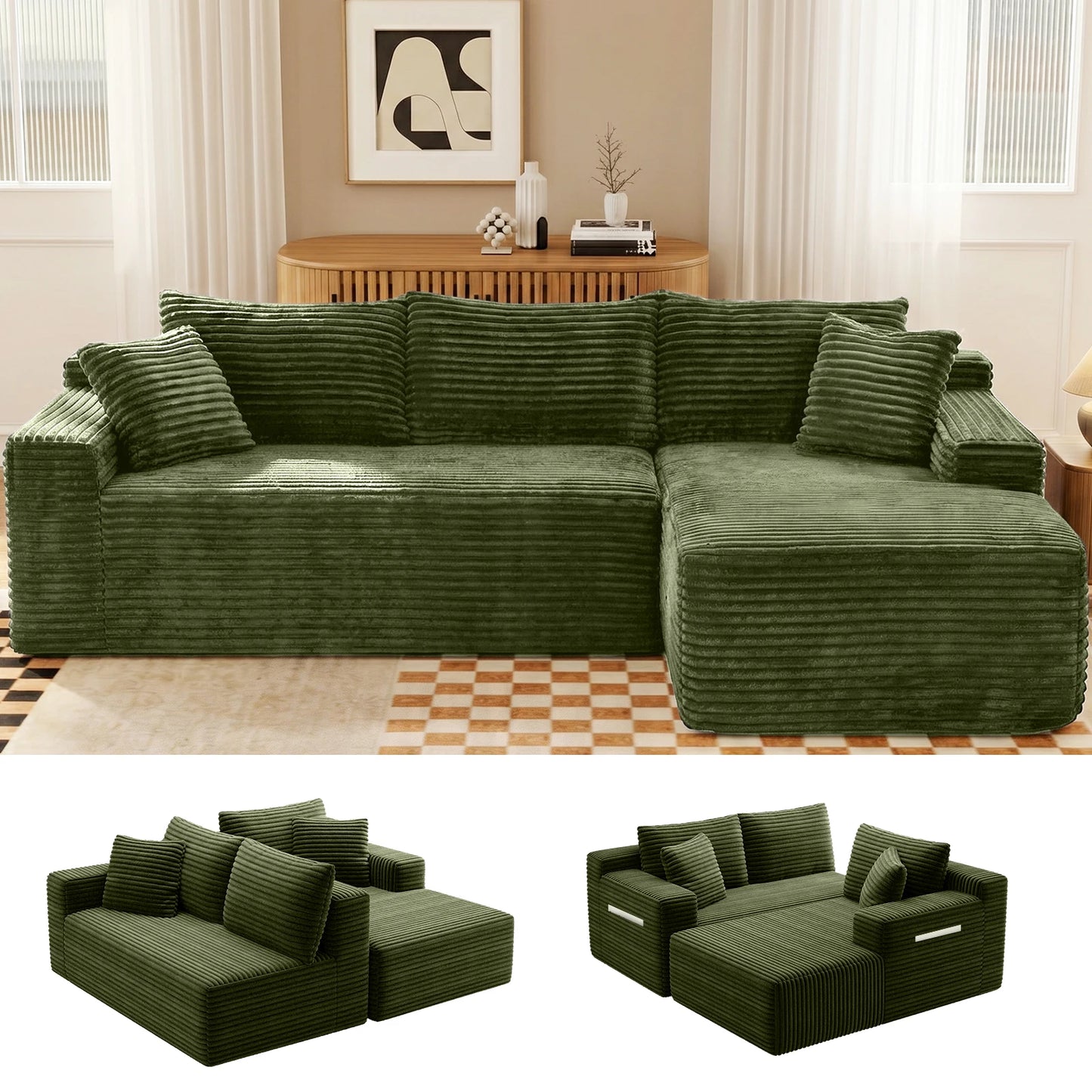 Corduroy Modular Sectional Sofa L Shape Chaise For Living Room