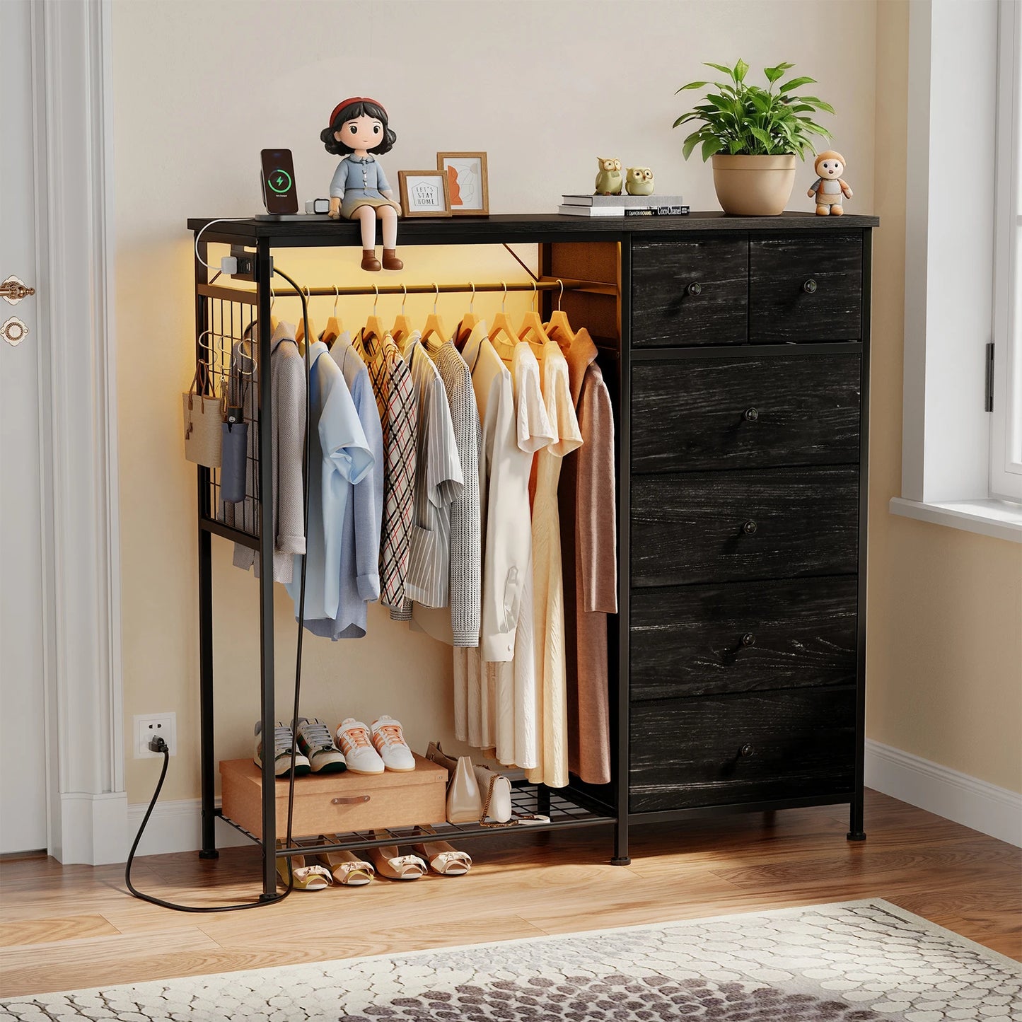 JHK Six Drawer Fabric Dresser With Hanging Rack And LED Lights
