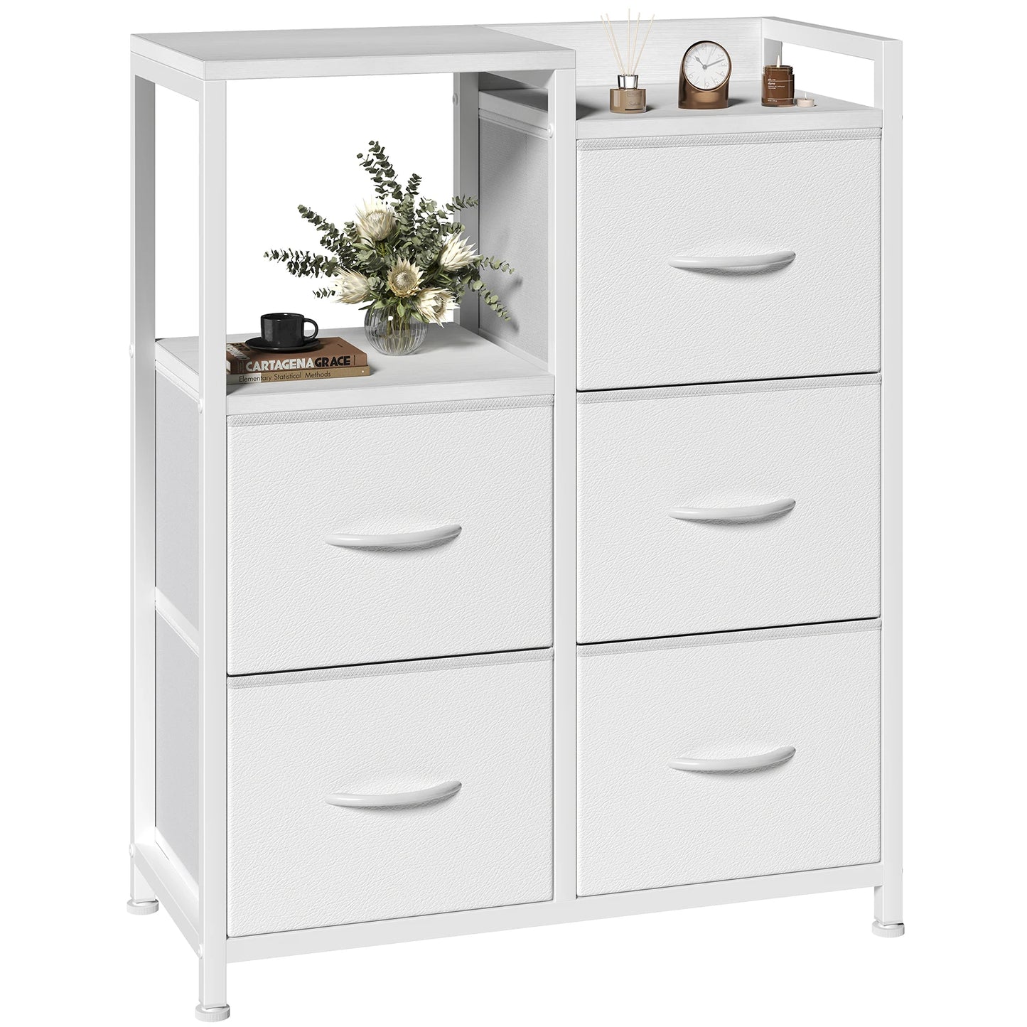 JHK 5 Fabric Drawer Chest With Raised Shelf Metal Frame TV Stand