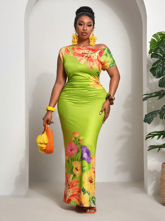 Vibrant Tropical Floral Maxi Dress With Asymmetrical Shoulder Ruched Waist